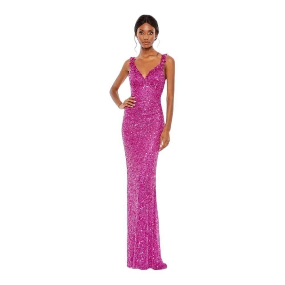 Mac Duggal Embellished Ruffle Strap Trumpet Gown in Fuchsia NWT